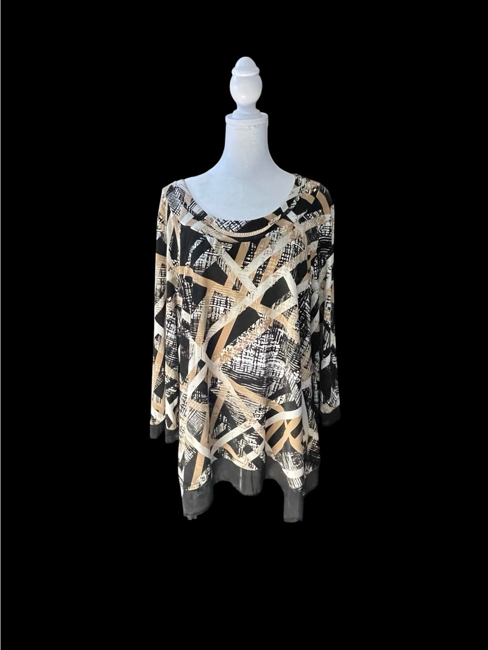 JM collection Women’s Black & Tan Abstract Print Long Sleeve Top, Sz XL